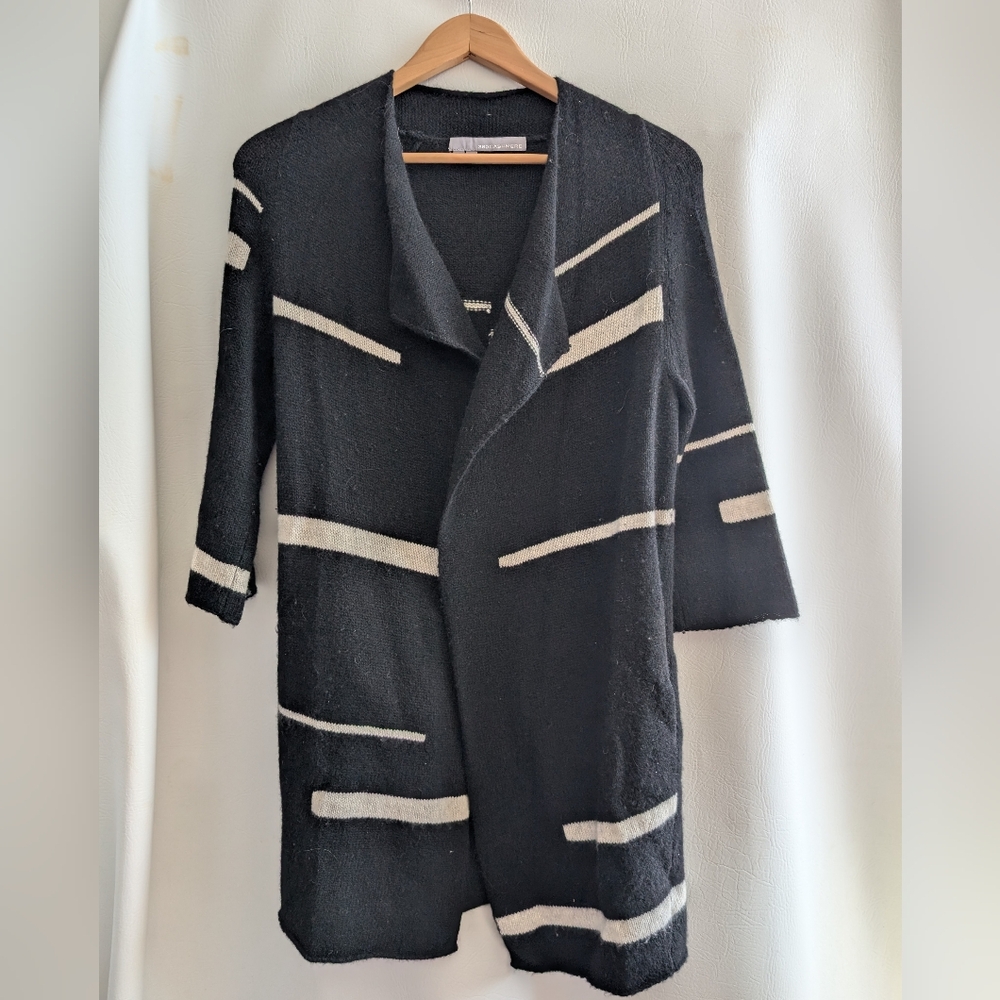 360 Cashmere Knit Black Cream Stripes Long Cardigan Sweater 3/4 Sleeves - S